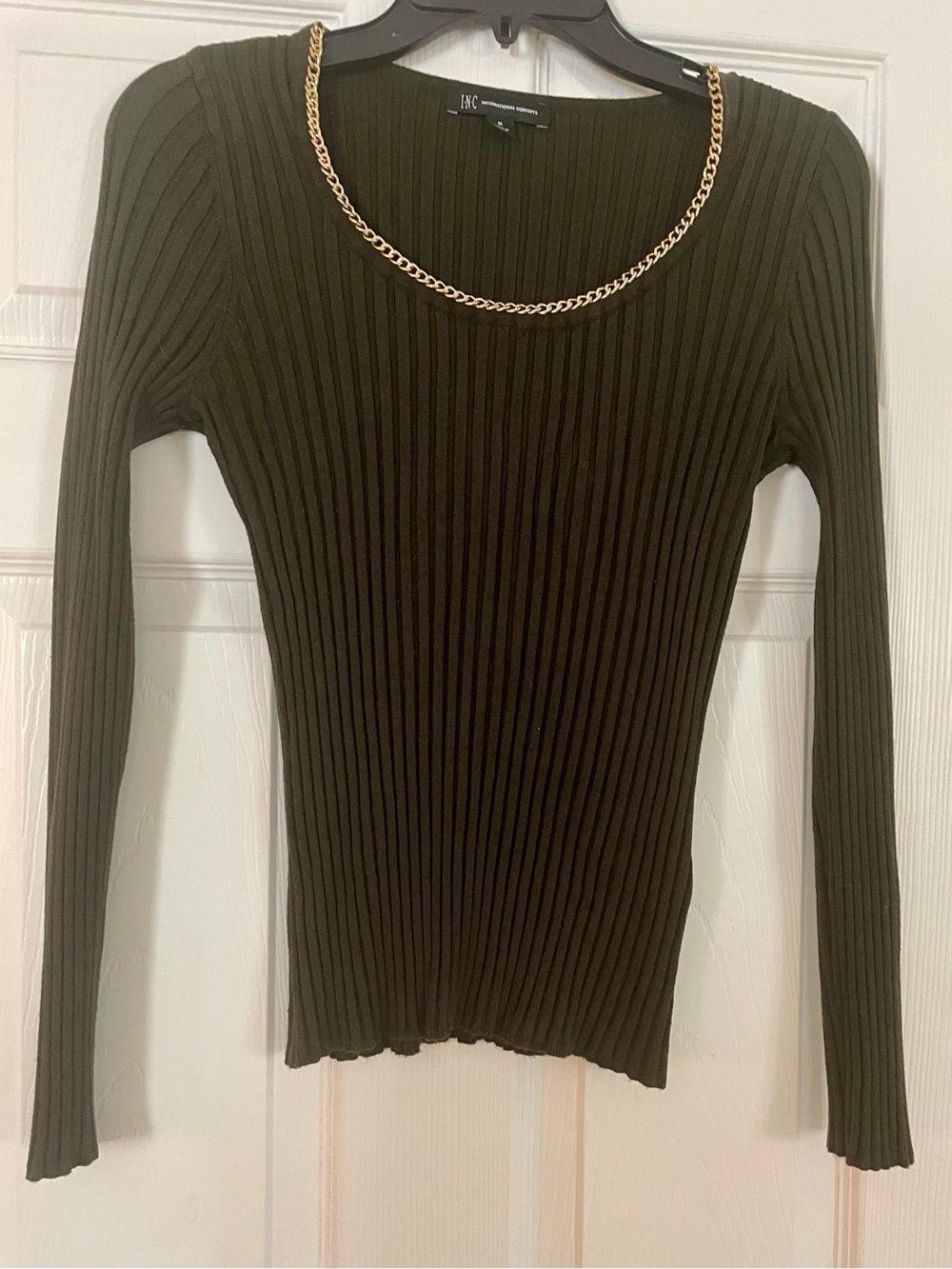 INC International Concepts Olive Ribbed Long Sleeve Top with Gold Chain Trim